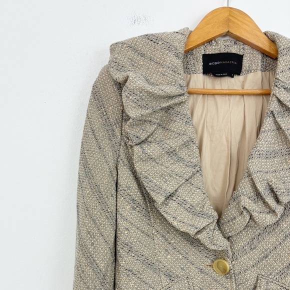 BCBGMaxazria Tan Tweed Wool Ruffle Lapel Neck Blazer Jacket Size Small - Picture 5 of 16